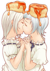 2girls bisuke-tan closed_eyes female_focus interlocked_fingers kfc kiss multiple_girls object_on_head simple_background white_background yuri