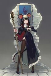1girl absurdres animal_ears black_hair book colored_inner_hair commentary cross english_commentary full_body gemi_ningen gradient_hair habit high_heels highres holding holding_book holding_staff juliet_sleeves long_sleeves looking_at_viewer mouse_ears mouse_girl mouse_tail multicolored_hair nun original puffy_sleeves ratkin_(rimworld) red_hair rimworld side_slit solo staff standing tail thighhighs two-tone_hair yellow_eyes