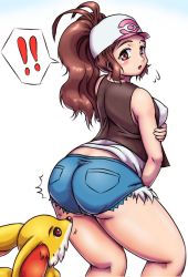 ! !! 1girl alternate_color ass smelling_ass back bare_shoulders blush breasts brown_eyes brown_hair covered_erect_nipples creatures_(company) denim denim_shorts fennekin game_freak gen_6_pokemon hat highres hilda_(pokemon) hip_focus kneepits knees legs looking_back medium_breasts nintendo orizen plump pokemon pokemon_(creature) ponytail shorts simple_background smelling spoken_exclamation_mark sweat white_background wide_hips