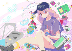 1girl bandaid bandaid_on_knee bandaid_on_leg baseball_cap bishoujo_senshi_sailor_moon blush_stickers cd charizard disposable_camera earrings floppy_disk furby game_boy game_console gen_1_pokemon handheld_game_console hasbro hat hello_kitty highres jewelry long_shirt microsoft_windows nintendo original pokemon pokemon_rgby purple_shirt red_eyes sanrio sazae-san shirt solo sparkling_eyes sugar_cube super_nintendo tamagotchi venusaur windows_logo yamamoto_orz