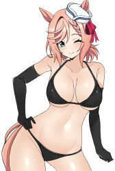 1girl animal_ears bikini black_bikini black_gloves black_thighhighs blonde_hair braid breasts commentary_request dixie_cup_hat ear_ornament ears_through_headwear elbow_gloves gloves hand_on_own_hip hat highres horse_ears horse_girl horse_tail large_breasts military_hat navel one_eye_closed puchimosu_(mosu1427) simple_background single_braid smile solo stomach swimsuit tail thighhighs umamusume venus_paques_(umamusume) white_background white_hat