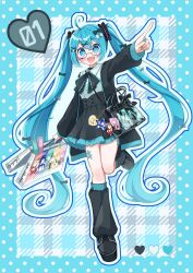 +_+ 1girl :d ahoge bag black_bow black_jacket black_shoes black_skirt black_socks blue_background blue_border blue_eyes blue_hair blue_nails blue_outline blush border bow charm_(object) color_guide commentary_request cross-laced_shoes double-parted_bangs frilled_skirt frills full_body glasses hair_bow hair_ornament hatsune_miku highres holding holding_bag jacket kagamine_rin kaito_(vocaloid) kneehighs long_hair long_sleeves looking_at_viewer loose_socks megurine_luka meiko_(vocaloid) nail_polish onawae_nashi open_clothes open_jacket open_mouth outline outstretched_arm plaid_background pointing polka_dot_border shoes skirt smile socks solo standing standing_on_one_leg twintails very_long_hair vocaloid white_bow x_hair_ornament