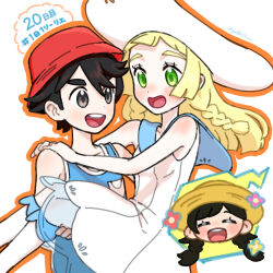 1boy 2girls :d absurdres black_hair blonde_hair blue_shirt braid bucket_hat carrying commentary_request dress elio_(pokemon) eyelashes green_eyes hat highres hiyokko2min lillie_(pokemon) long_hair multiple_girls nintendo open_mouth pokemon pokemon_usum red_hat selene_(pokemon) shirt short_hair sleeveless sleeveless_dress sleeveless_shirt smile socks sun_hat teeth tongue upper_teeth_only white_dress white_hat white_socks