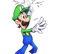 Rule 34 | 1boy, arm up, blue overalls, brown hair, facial hair, gloves, green hat, green shirt, hat, luigi, male focus, mari luijiroh, mario &amp; luigi: brothership, mario &amp; luigi rpg, mario (series), masanori sato (style), mustache, nintendo, open mouth, overalls, shirt, short hair, simple background, solo, white background, white gloves