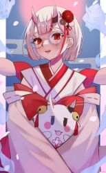 1girl 1other detached_sleeves glasses hair_ornament highres hololive horns japanese_clothes medium_hair multicolored_hair nakiri_ayame oni poyoyo_(nakiri_ayame) red_eyes red_hair streaked_hair virtual_youtuber white_hair wide_sleeves yagura_(yagura_aaaok)