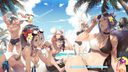 Rule 34 | arika, artist request, beach, blair dame, breasts, character request, cleavage, cloud, dark-skinned female, dark skin, dog, earrings, fighting ex layer, flower, hair flower, hair ornament, highres, jewelry, knitty (technictix), lips, long hair, multiple boys, multiple girls, official art, official wallpaper, open mouth, palm tree, pullum purna, rain (technictix), sand, smile, sunglasses, swimsuit, technictix, tree
