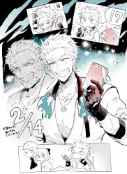 !? 1girl 2boys ahoge beard blue_eyes chocolate facial_hair fate/grand_order fate_(series) food gloves grin heart highres hirano_ryouji holding holding_chocolate holding_food limited_palette male_focus mouth_hold multiple_boys nagakura_shinpachi_(fate) okita_souji_(fate) okita_souji_(koha-ace) one_eye_closed saitou_hajime_(fate) smile spoken_squiggle squiggle stalk_in_mouth valentine