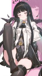 Rule 34 | 1girl, absurdres, arknights, ascot, black ascot, black gloves, black hair, black halo, black thighhighs, blush, breasts, chinese commentary, closed mouth, collared shirt, commentary, dark halo, elbow gloves, feet, gloves, grey eyes, halo, highres, kampswe galong, leg up, long hair, looking at viewer, mole, mole under eye, shirt, short sleeves, sitting, smile, solo, thighhighs, very long hair, virtuosa (arknights), white shirt, zoom layer