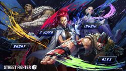 2boys 2girls alex_(street_fighter) beanie book character_name copyright_name copyright_notice crimson_viper crossed_arms dark-skinned_male dark_skin eyepatch fighting_stance fingerless_gloves gloves hair_slicked_back hat highres ingrid_(capcom) multiple_boys multiple_girls muscular muscular_female official_art padded_gloves promotional_art red_hair sagat street_fighter street_fighter_6 third-party_source