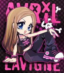 1girl 2000s_(style) animification avril_lavigne belt black_eyeshadow black_pants black_shoes black_tank_top blonde_hair blue_eyes bracelet breasts brown_hair character_name cleavage collar commentary crop_top emo_fashion english_text eyeshadow fashion gradient_hair highres jewelry long_hair makeup medium_breasts midriff multicolored_hair oceaninspace pants pink_belt punk real_life shoes sitting skull_print smile sneakers solo spiked_bracelet spiked_collar spikes tank_top