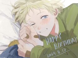 Rule 34 | 1boy, animification, bandaid, bandaid on hand, blonde hair, blue eyes, chunai tuju, collared shirt, dated, grin, happy birthday, hat, highres, long sleeves, lying, male focus, on side, one eye closed, shirt, short hair, smile, south park, tweek tweak, unworn hat, unworn headwear