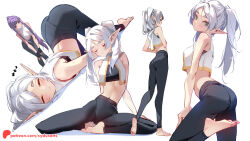 2girls ass black_leggings black_sports_bra breasts butterfly_sitting closed_mouth crop_top elf fern_(sousou_no_frieren) foot_up frieren from_side full_body green_eyes hands_on_own_knees large_breasts leaning_forward leggings long_hair looking_at_viewer multiple_girls multiple_views pants parted_bangs patreon_username pointy_ears purple_eyes purple_hair shirt sitting sleeping sleeveless sleeveless_shirt small_breasts sousou_no_frieren sports_bra standing sydus top-down_bottom-up twintails white_background white_hair white_shirt yoga_pants zzz