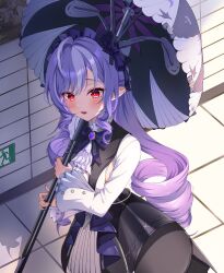 1girl absurdres ahoge black_skirt blue_bow blush bow dress fang hair_bow hameln_11 highres holding holding_umbrella looking_at_viewer pointy_ears purple_hair red_eyes skin_fang skirt solo umbrella vivian_banshee white_dress zenless_zone_zero