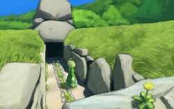 Rule 34 | 1girl, black eyes, black hat, blue sky, boulder, clear sky, commentary request, dandelion, dress, flower, forest, full body, grass, green dress, hat, long dress, long sleeves, looking at viewer, nature, no mouth, outdoors, path, ritsuzou, road, rock, scenery, short hair, sky, soga no tojiko, solo, tate eboshi, touhou, tree, yellow flower