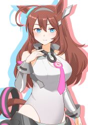 Rule 34 | 1girl, absurdres, ahoge, animal ears, blue eyes, blush, bodysuit, brown hair, closed mouth, commentary request, detached sleeves, hair between eyes, hair ornament, hairband, highres, horse ears, horse girl, horse tail, looking at viewer, matsuba mattsu, mihono bourbon (umamusume), necktie, smile, solo, tail, umamusume, white background