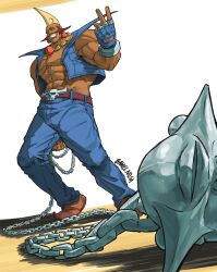 1boy bare_shoulders basalai_art birdie_(street_fighter) black_gloves blonde_hair capcom chain dark-skinned_male dark_skin fingerless_gloves gloves grin looking_at_viewer male_focus mohawk muscular muscular_male sideburns smile solo street_fighter street_fighter_zero_(series)