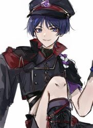 1boy alternate_costume black_boots black_cloak black_hat black_jacket blunt_ends boots bright_pupils cloak cropped_jacket eyeliner eyeshadow genshin_impact gold_trim hat high_collar highres jacket knee_up lace-up_boots lapels looking_at_viewer makeup male_focus military_uniform mitsudomoe_(shape) parted_lips peaked_cap purple_eyes purple_hair purple_sleeves red_cloak red_eyeliner red_eyeshadow scaramouche_(genshin_impact) sgm618 short_sleeves sitting sketch smile solo suit_jacket tomoe_(symbol) tsurime two-sided_cloak two-sided_fabric white_background white_mouth white_pupils wispy_bangs