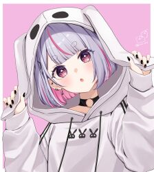 Rule 34 | 1girl, animal ears, black nails, border, chestnut mouth, commentary request, drawstring, fake animal ears, floppy ears, grey hair, hand on own ear, hands up, head tilt, hood, hood up, hoodie, long sleeves, looking at viewer, multicolored hair, nail polish, parted lips, pink background, pink hair, puffy long sleeves, puffy sleeves, pulling own ear, purple eyes, rabbit ears, rino cnc, short eyebrows, signature, sleeves past wrists, solo, streaked hair, thick eyebrows, tosaki mimi, twitter username, two-tone hair, upper body, virtual youtuber, vspo!, white border, white hoodie