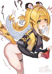 1girl animal_ear_fluff animal_ears ass black_gloves black_hair blush cowboy_shot elbow_gloves fingerless_gloves gloves green_eyes grey_shirt highres holding holding_another&#039;s_tail holding_panties holding_underwear holding_unworn_clothes jacket ju_fufu kkkula_(kula) long_hair multicolored_hair open_mouth orange_fur panties red_panties shirt streaked_hair striped_fur tail thigh_strap tiger_ears tiger_girl tiger_stripes tiger_tail underwear white_hair yellow_jacket zenless_zone_zero
