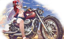 1girl :q alsea animal_ears arm_up bare_legs barefoot bikini bikini_top_only blue_shorts bow breasts buttons dated day denim denim_shorts ear_bow ear_covers fur_collar gold_ship_(umamusume) highres horse_ears jacket large_breasts light_smile long_hair long_sleeves looking_at_viewer micro_bikini motor_vehicle motorcycle navel on_motorcycle outdoors photo-referenced pink_eyes red_jacket shoes short_shorts shorts single_shoe stomach swimsuit toenails toes tongue tongue_out umamusume underboob unzipped very_long_hair white_bikini white_hair zipper