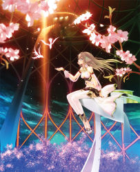 1girl animal_ears bare_shoulders bird blue_eyes breasts brown_hair cherry_blossoms ciel_nosurge cleavage cover dress female_focus flower halterneck ionasal_kkll_preciel jewelry long_hair midriff navel no_socks non-web_source ntny official_art pendant petals sandal_dangle sandals sitting solo surge_concerto thighhighs toeless_legwear tree video_game_cover white_thighhighs