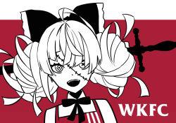 1girl :d antenna_hair apron bow bowtie brand_name_imitation colonel_sanders colonel_sanders_(cosplay) cosplay double_bun earrings hair_bow hair_bun hololive hololive_indonesia impaled jewelry kfc kureiji_ollie looking_at_viewer lutherniel mismatched_pupils open_mouth red_theme smile solo sword upper_body virtual_youtuber weapon