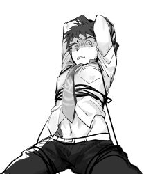 1boy ahoge arms_behind_head bare_arms bdsm belt belt_buckle bondage bound bound_arms breast_pocket buckle bulge clenched_teeth covered_erect_nipples cowboy_shot danganronpa_(series) danganronpa_2:_goodbye_despair furrowed_brow heichiyo highres hinata_hajime legs_apart looking_ahead male_focus midriff_peek navel necktie pants pocket scared short_hair short_sleeves simple_background solo spiked_hair sweatdrop teeth turn_pale white_background