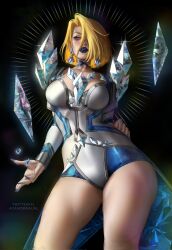 1girl ayanobraun blonde_hair blue_eyes blue_lips blue_nails breasts choker cleavage diamond_(gemstone) diamond_earrings earrings emma_frost highres jewelry large_breasts lipstick looking_at_viewer makeup marvel marvel_rivals short_hair smile solo thick_thighs thighs x-men