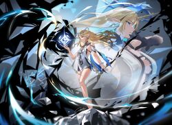 2girls absurdres bare_legs bare_shoulders barefoot black_collar black_dress blonde_hair blue_eyes blue_hair breasts cartethyia_(wuthering_waves) collar colored_inner_hair commentary crown_of_thorns dress dual_persona earrings feet fleurdelys_(wuthering_waves) floating_earrings hand_up highres horns huge_breasts jewelry legs long_hair long_horns looking_ahead medium_breasts multicolored_hair multiple_girls necklace pointy_ears sidelocks signature single_horn t3ku tabard toes very_long_hair white_tabard wuthering_waves yellow_horns