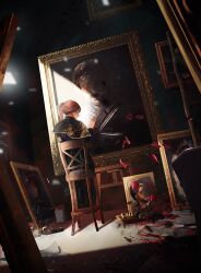 1girl chair clair_obscur:_expedition_33 floral_dissolve gustave_(clair_obscur:_expedition_33) highres holding itsiitsubox long_hair maelle_(clair_obscur:_expedition_33) painting_(object) ponytail red_hair sciel_(clair_obscur:_expedition_33) solo verso_(clair_obscur:_expedition_33)