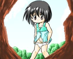 1girl black_hair blue_dress brown_eyes cloud collarbone crotch_seam dress flat_chest hole loli looking_down manoyuya_(artist) open_mouth original panties panty_pull partially_unbuttoned pee pussy short_hair sky sleeveless sleeveless_dress standing tree underwear white_panties