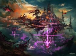 Rule 34 | aircraft, airship, artist name, bad id, bad pixiv id, cloud, electricity, fantasy, floating island, highres, kurasuta, no humans, original, scenery, spire