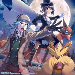 1boy 1girl ascot black_gloves black_hair black_headwear boots brown_pants buttons closed_mouth cloud coat collared_shirt commentary english_commentary gen_5_pokemon gen_8_pokemon gloves green_vest hat highres knee_boots knees monocle moon night nintendo official_alternate_costume official_art open_clothes open_coat outdoors outstretched_arm pants pokemon pokemon_(creature) pokemon_masters_ex red_eyes second-party_source shirt short_hair sky smile spread_fingers standing steven_stone steven_stone_(special_costume) stoutland takahashi_jun_(tkjun_m) thievul top_hat vest watermark white_ascot white_gloves zinnia_(pokemon) zinnia_(special_costume)_(pokemon)