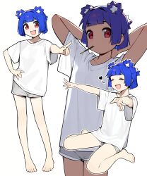 1girl animal_ear_fluff animal_ears arms_behind_head bear_ears bear_girl blue_hair blunt_bangs dolphin_shorts food food_in_mouth go!_go!_gris! gris_(go!_go!_gris!) highres multiple_persona original pocky pocky_in_mouth red_eyes shirt short_hair shorts silhouette simple_background sitting vertigris wariza white_shirt