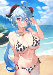 1girl ahoge animal_print arm_behind_back beach bell bikini blue_hair blue_sky blush breasts cleavage cloud commentary_request cow_print cow_print_bikini day flower_knot ganyu_(genshin_impact) genshin_impact goat_horns gradient_eyes grin hand_up highres horns jewelry large_breasts light_smile long_hair low_ponytail manple0201 multicolored_eyes navel neck_bell necklace ocean outdoors ponytail print_bikini purple_eyes raised_eyebrows revision sand sidelocks sky smile solo stomach swimsuit very_long_hair wavy_hair wet white_bikini yellow_eyes