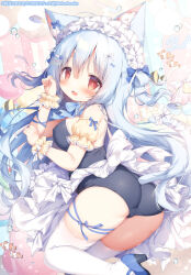1girl animal_ear_fluff animal_ears apron arm_ribbon ass black_one-piece_swimsuit blue_bow blue_bowtie blue_hair blue_ribbon blue_shoes blush bow bowtie breasts cameltoe cat_ears cat_girl cat_tail clownfish commentary_request fish frilled_apron frilled_wrist_cuffs frills hair_bow hair_ornament hairclip high_heels kobone_(momozu_komamochi) large_breasts leg_ribbon leg_up long_hair looking_at_viewer looking_back maid_headdress mary_janes momozu_komamochi one-piece_swimsuit open_mouth original paw_pose puffy_short_sleeves puffy_sleeves red_eyes ribbon shoes short_sleeves sleeve_bow smile solo swimsuit tail tareme thigh_ribbon thighhighs two_side_up very_long_hair white_apron white_bow white_thighhighs wrist_cuffs yellow_sleeves