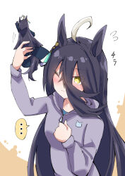 ... ahoge animal_ears arm_up black_hair blush closed_mouth colored_speech_bubble commentary facing_viewer figure flying_sweatdrops hair_between_eyes hand_on_own_chest holding_figure hood hood_down hooded_track_jacket horse_ears horse_girl jacket long_hair looking_up manhattan_cafe_(umamusume) motion_lines nodachi_(nodati51) one_eye_closed peeking simple_background sound_effects sound_effects_only speech_bubble track_jacket two-tone_background umamusume upper_body yellow_eyes zipper