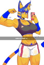 1girl absurdres animal_crossing animal_ears ankha_(animal_crossing) black_sports_bra blue_eyes blue_hair blue_nails body_fur breasts cat_girl cat_tail claws colored_skin cowboy_shot cupperexe female_pubic_hair flexing furry furry_female gold_headwear hieroglyphics highres holding holding_phone looking_to_the_side muscular muscular_female nintendo phone pubic_hair pubic_hair_peek snapchat sports_bra tail