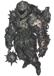 1boy armor assault_visor black_visor breastplate doom:_the_dark_ages doom_(series) doomguy flail full_armor full_body gauntlets green_armor helmet highres holding holding_flail holding_weapon nameno92372763 shoulder_armor shoulder_cannon shoulder_spikes simple_background solo spiked_armor spikes weapon white_background