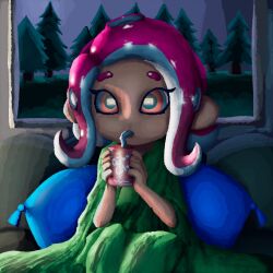 Rule 34 | 1girl, bathrobe, brand name imitation, can, coca-cola, couch, drink, drinking, drinking straw, eye reflection, grady sisters (the shining), green robe, highres, holding, holding can, holding drink, long hair, long sleeves, nintendo, octoling, octoling girl, octoling player character, octopus girl, on couch, orange eyes, picture frame, pillow, pink hair, pointy ears, reflection, robe, sitting, soandnb, soda, splatoon (series), suction cups, tentacle hair, the shining, tree, watching television, wide sleeves