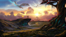 1boy chinnkun cloud dawn day dragon facing_away fantasy from_behind glowing grass landscape original painterly pyramid_(structure) rock signature sky staff sun sunlight tree yellow_sky