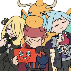 1girl 2boys black_cape black_coat blonde_hair blue_hair cape closed_mouth coat collared_shirt colored_skin cosmetics crying cynthia_(pokemon) dragon dragonite fur-trimmed_sleeves fur_collar fur_trim gen_1_pokemon gen_4_pokemon hair_over_one_eye hand_over_face highres holding holding_clothes_pin holding_lipstick_tube horns jacket lance_(pokemon) lipstick_tube long_hair long_sleeves mega_stone mesono_himoko multiple_boys necktie nintendo orange_skin pokemon pokemon_(anime) pokemon_(creature) pokemon_hgss pokemon_journeys pokemon_oras popped_collar purple_vest raised_eyebrows red_hair red_necktie rotom rotom_phone shirt short_hair single_horn smile spiked_hair steven_stone trait_connection turtleneck turtleneck_jacket very_long_hair vest white_shirt