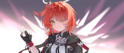 1girl arknights black_gloves chinese_commentary closed_mouth commentary cross cross_earrings detached_wings earrings english_commentary exusiai_(arknights) exusiai_the_new_covenant_(arknights) eyes_visible_through_hair fingerless_gloves gloves hair_over_one_eye halo harutatsunoki highres jewelry latin_cross looking_at_viewer medium_hair mixed-language_commentary orange_hair smile solo traditional_halo upper_body w white_halo wings yellow_eyes