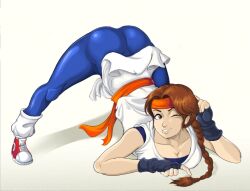 Rule 34 | 1girl, ass, braid, braided ponytail, breast press, breasts, brown eyes, brown hair, clothes lift, dougi, female focus, flexible, gymnastics, hairband, jack-o&#039; challenge, karate gi, leggings, long hair, luichi88, medium breasts, one eye closed, pale skin, pants, ponytail, seductive smile, seductress, shiny clothes, shirt, shoes, skirt, skirt lift, smile, smiley face, sneakers, spandex, spread legs, the king of fighters, thighs, tight clothes, tight pants, top-down bottom-up, upskirt, wink, yoga pants, yuri sakazaki
