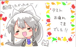 1girl :d =_= black_jacket blazer blush_stickers bow brown_sweater chibi closed_eyes collared_shirt facing_viewer grey_hair hair_bow hair_ornament hairclip higuchi_kaede higuchi_kaede_(1st_costume) jacket long_hair necktie nijisanji open_clothes open_jacket open_mouth ponytail purple_necktie rebecca_(keinelove) school_uniform shirt smile solo sweater translation_request upper_body very_long_hair virtual_youtuber white_background white_bow white_shirt