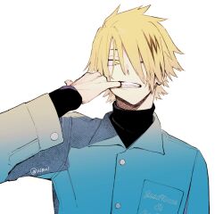 1boy arm_up black_hair blonde_hair boku_no_hero_academia collared_shirt finger_in_own_mouth hair_over_one_eye kaminari_denki layered_sleeves long_sleeves looking_at_viewer male_focus multicolored_hair one_eye_covered shirt simple_background sleeves_past_wrists solo streaked_hair teeth twitter_username umi_(ul8nl) upper_body white_background yellow_eyes