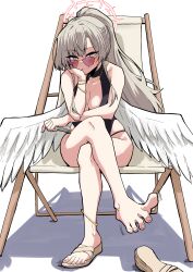Rule 34 | 1girl, absurdres, anklet, barefoot, blue archive, blush, crossed legs, feet, highres, jewelry, long hair, looking at viewer, nagisa (blue archive), nagisa (swimsuit) (blue archive), ponytail, sandals, shoes, sitting, smile, swimsuit, tinted eyewear, toes, ujigi, unworn sandals, unworn shoes, wings, yellow eyes