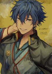 Rule 34 | 1boy, bead bracelet, bead necklace, beads, bishounen, black jacket, blue hair, bracelet, dated, earrings, ensemble stars!, grey kimono, highres, jacket, japanese clothes, jewelry, kimono, looking at viewer, male focus, matasaburo, necklace, open clothes, open jacket, parted lips, portrait, sazanami jun, simple background, solo, stud earrings, twitter username, yellow background, yellow eyes