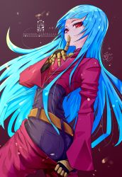 1girl artist_logo belt bicio blue_hair bodysuit breast_hold breasts finger_to_mouth gloves highres kula_diamond logo long_hair looking_at_viewer purple_eyes shushing signature simple_background small_breasts smile solo the_king_of_fighters twitter_logo