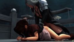 1boy 1girl 3d aerith_gainsborough animated animated_gif ass boots bouncing_breasts bow braid breasts brown_footwear brown_hair coat dress final_fantasy final_fantasy_vii forgotten_city grabbing_another&#039;s_hair grey_hair hair_bow hetero lowres ocboon pink_dress ponytail rape red_coat rough_sex sephiroth sex square_enix square_soft